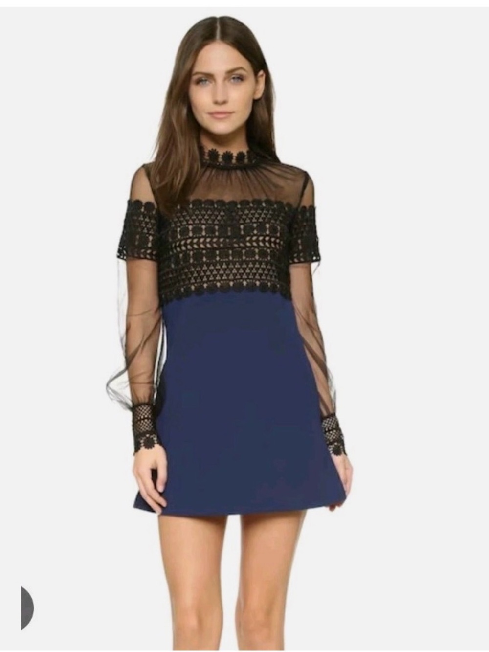 Self-Portrait Sheer Lace Yoke Navy Mini Dress